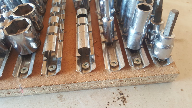 A closeup shot of my homemade socket organizer tray